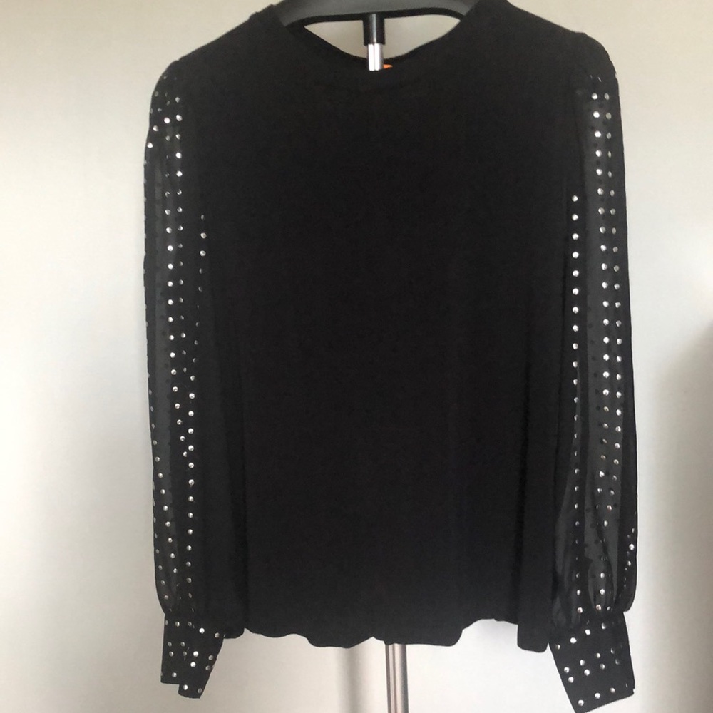 Catherine Malandrino Black Silver Stud Sheer Sleeve Blouse Top Sz S